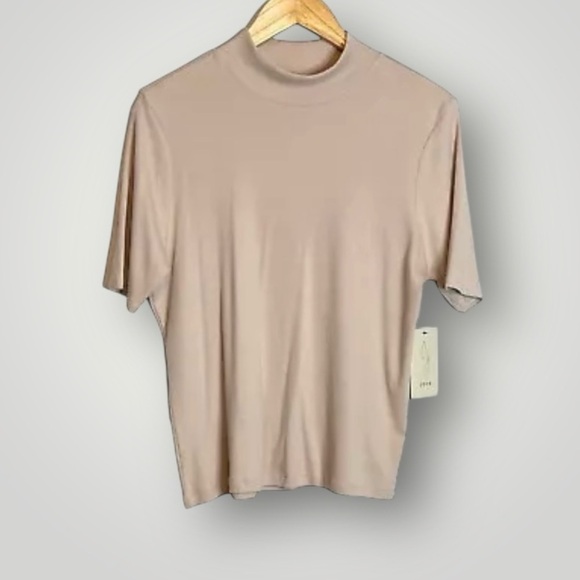 Joie Mock Neck Short Sleeve Top Size XL Ribbed Fitted Pullover Beige - Picture 2 of 8